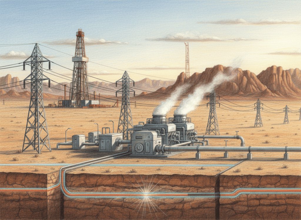 Color-pencil illustration of an enhanced geothermal power plant in Utah with underground horizontal wells and power transmission lines.