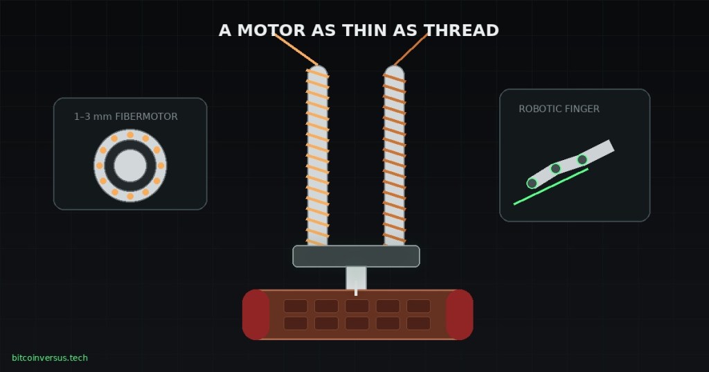 Editorial illustration of thread-thin motors lifting a chocolate bar and flexing a robotic finger.