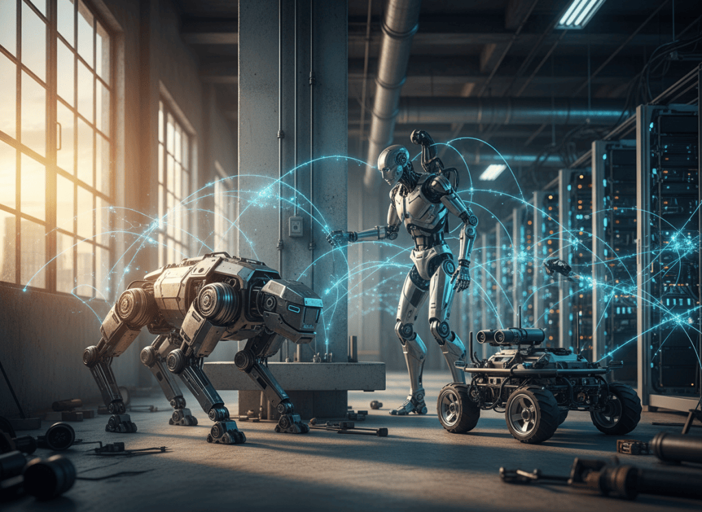 Three industrial robots connected by a shared AI network inside a construction and data-center environment.