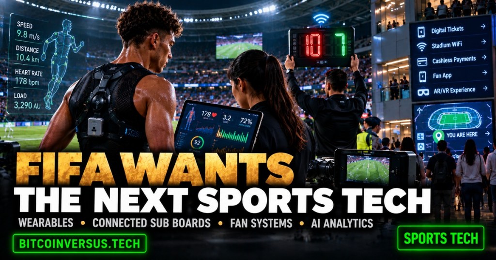 Realistic editorial football stadium cover with a sensor-equipped player, sports data tablet, connected substitution board, fan technology systems, neon-green BitcoinVersus.Tech text at bottom left, and SPORTS TECH tag at bottom right.
