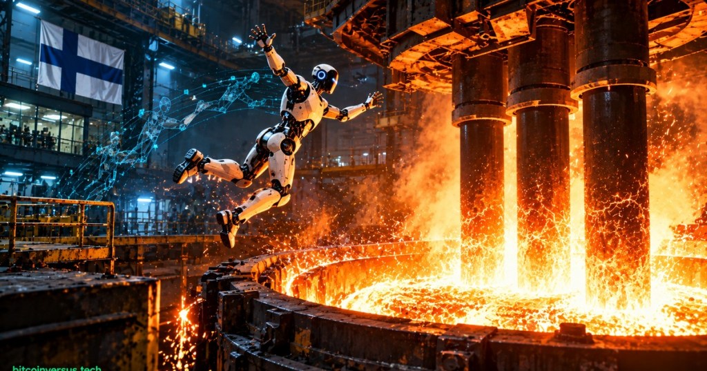 Illustration of a humanoid robot autonomously jumping toward a molten-steel electric arc furnace in Finland