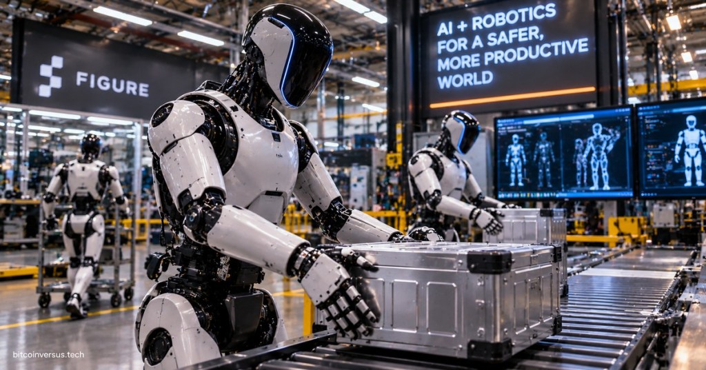 Humanoid robots working in an automated facility, illustrating Figure AI's Helix 2.5 generalization beyond trained environments