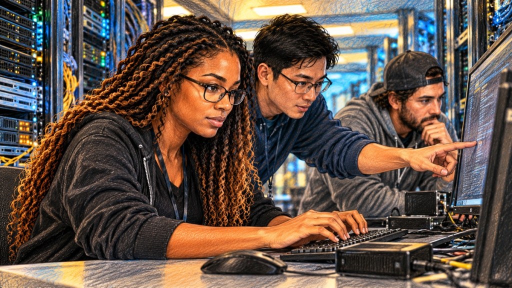 A diverse team of systems administrators troubleshooting servers in a data center after a system interruption.