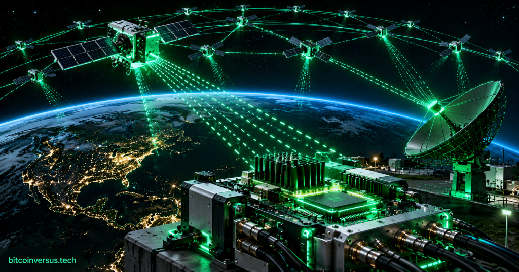 Neon illustration of E-band RF hardware linking a ground station to a low Earth orbit satellite constellation.