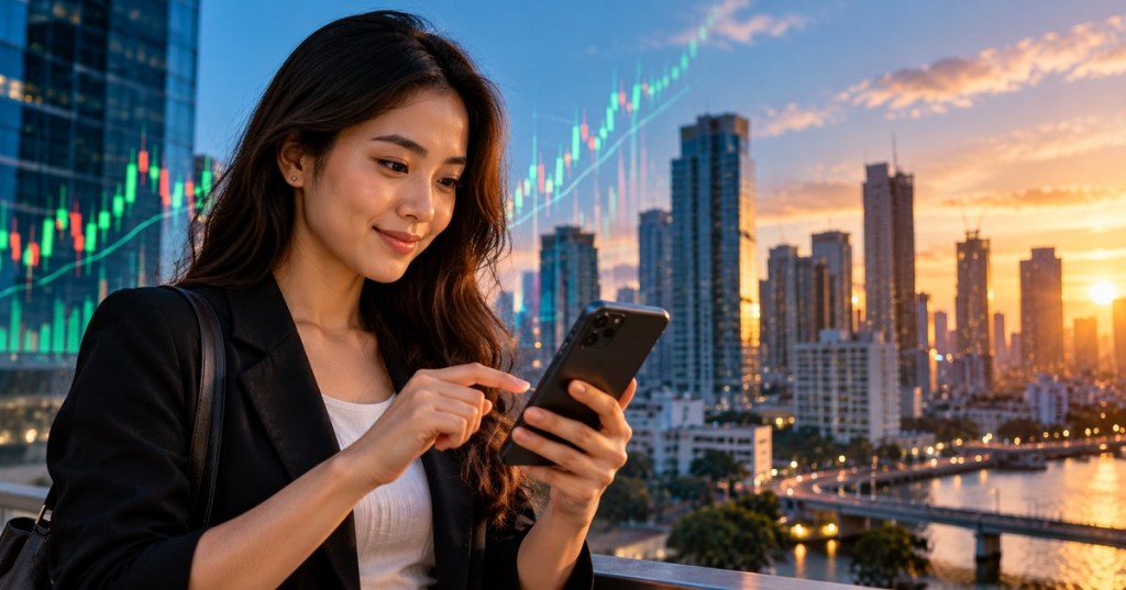 Realistic editorial fintech scene of a woman using a smartphone against a city skyline and market chart, illustrating Mynt and GCash's Philippine IPO.