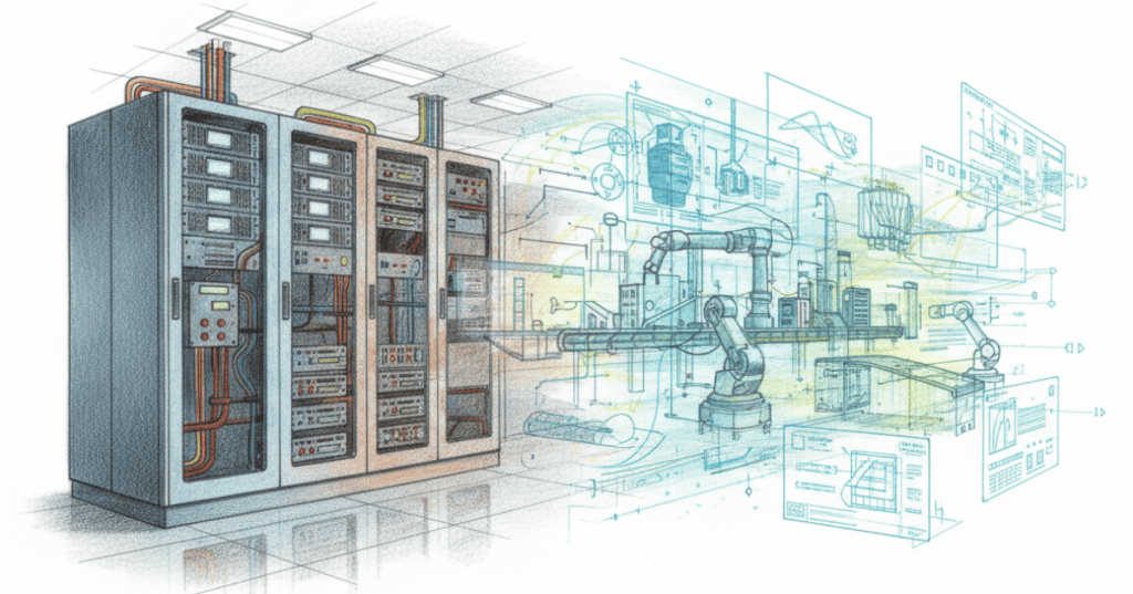 Color-pencil illustration of industrial electrical equipment blending into CAD, digital-twin, and engineering software layers.