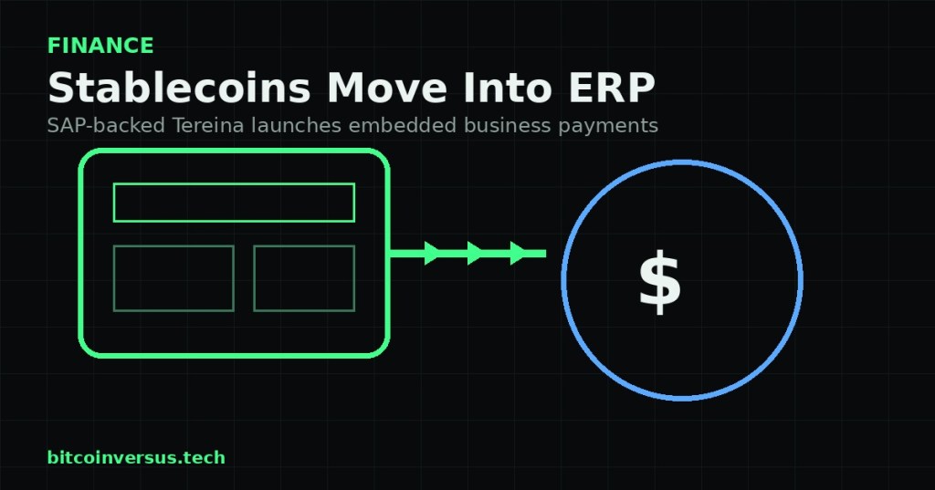 Dark technical illustration of enterprise software sending stablecoin payments across an embedded payment rail