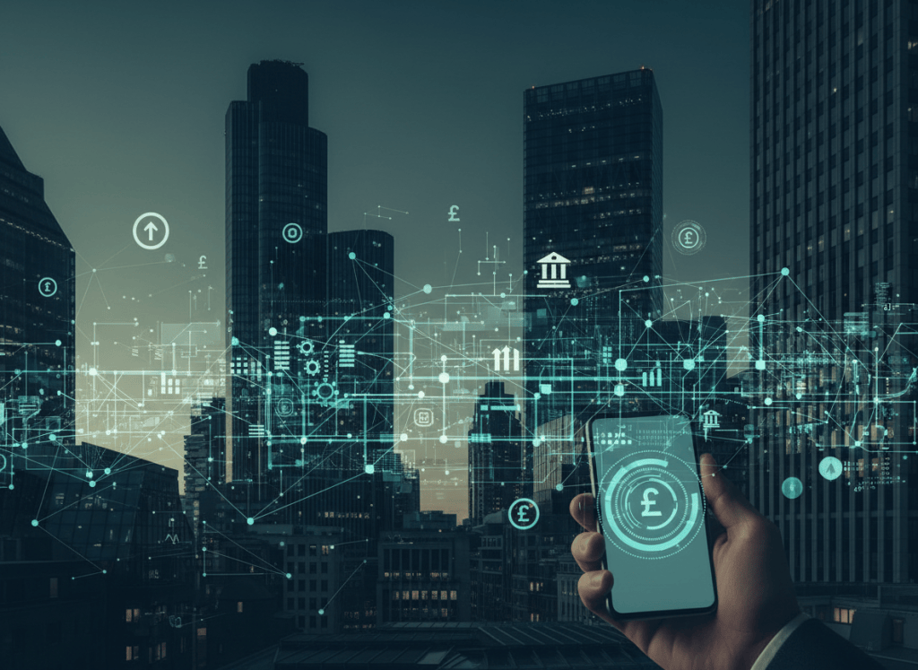 London banks connected through secure digital payment infrastructure representing tokenized sterling bank deposits.