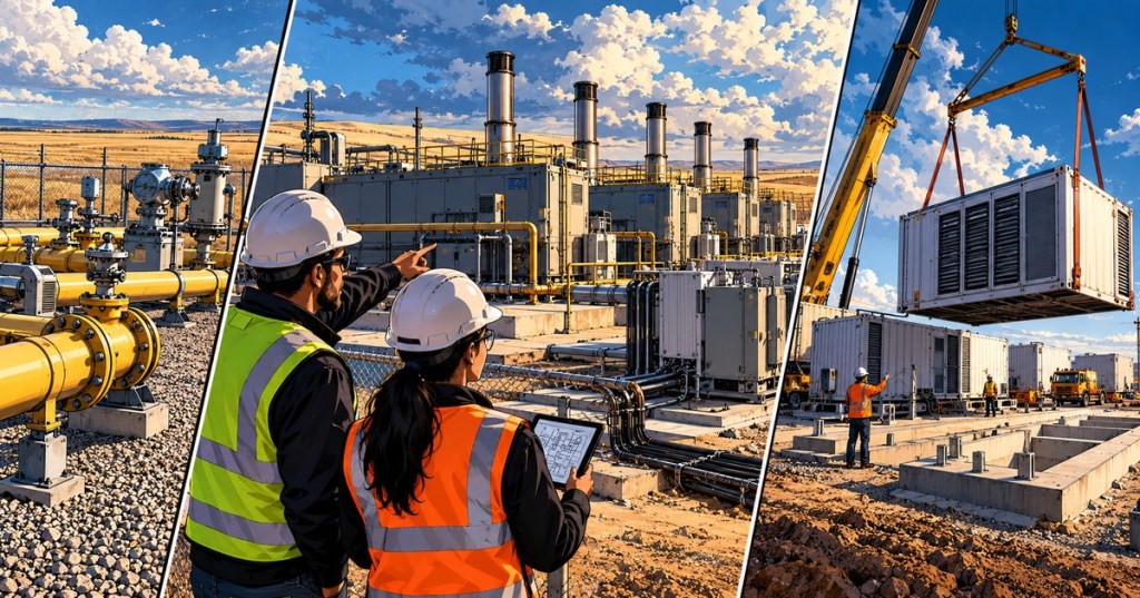Original wordless comic-style conceptual illustration, not a photo of Brooks Campus #1: natural-gas piping, on-site generators, two engineers and modular data-center units in the Alberta prairie.