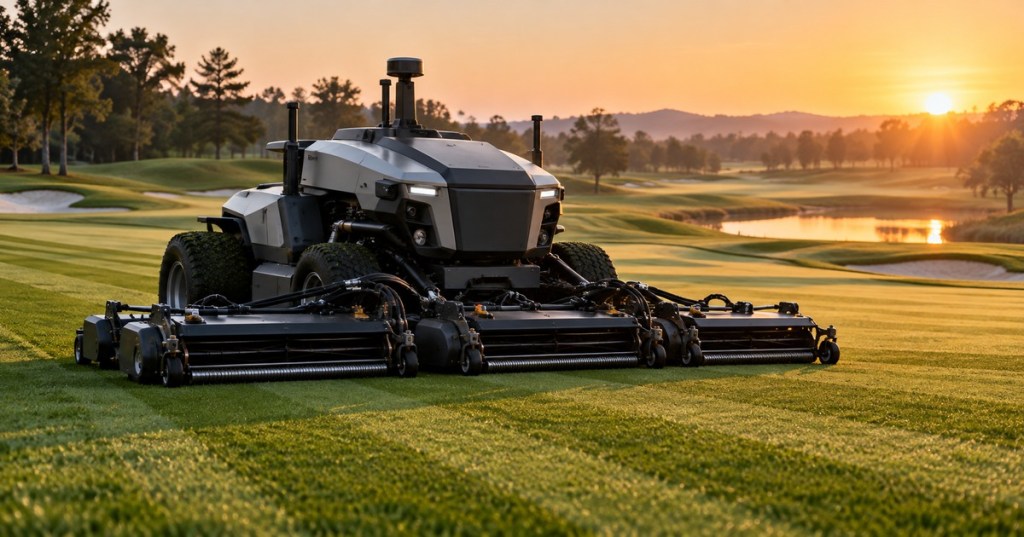 Autonomous electric reel mower operating on a golf course fairway at sunset