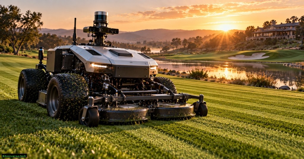 Autonomous electric robotic mower operating on a golf-course fairway at sunset with lidar and camera sensors visible.