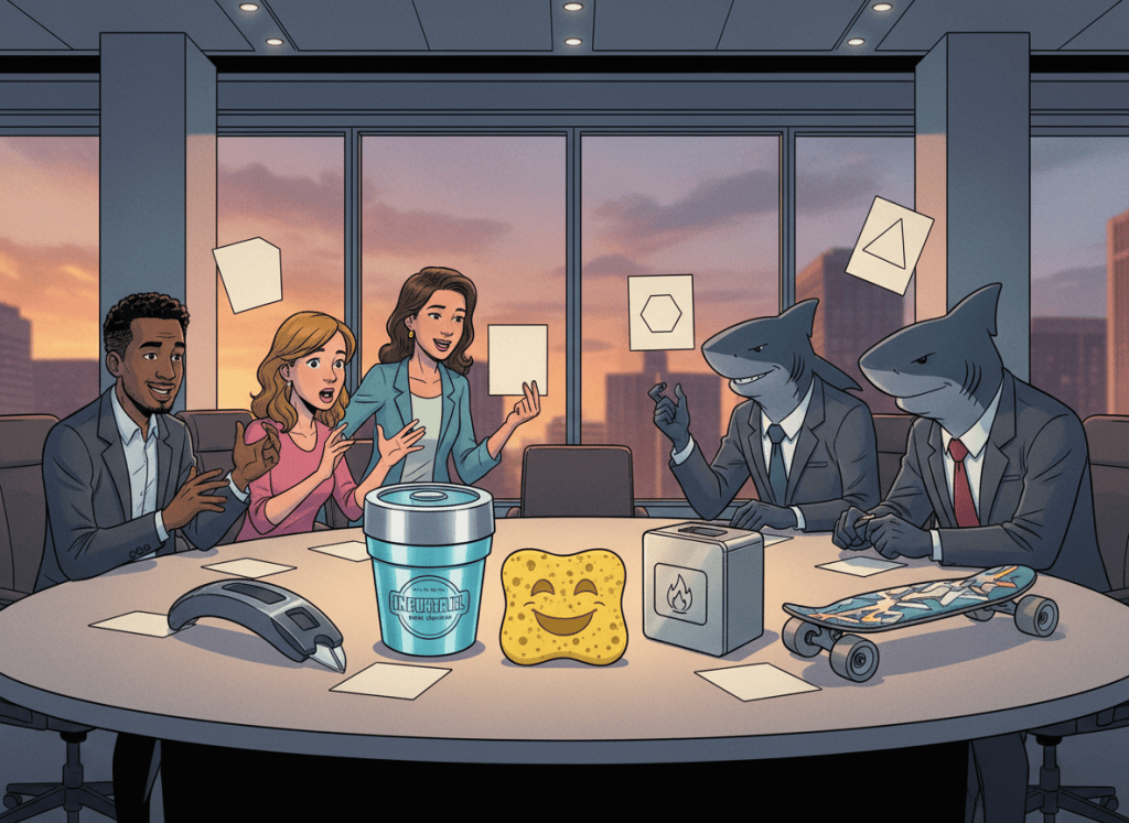 Wordless comic of five entrepreneurs negotiating with shark-like investors around a business pitch table.