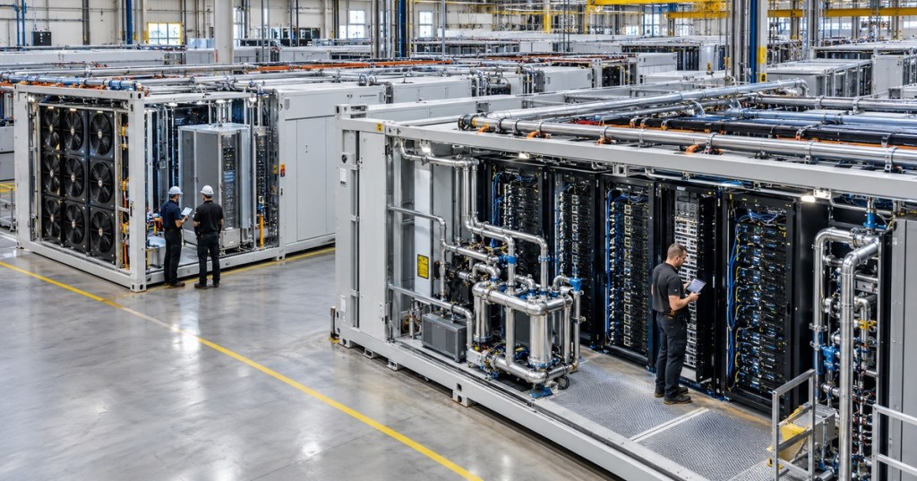 Prefabricated modular AI data center systems integrating compute racks, liquid cooling, and power infrastructure in a factory assembly environment.