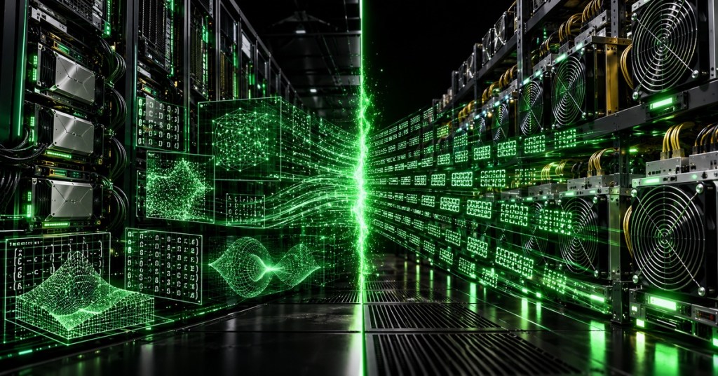 Split technical illustration comparing GPU supercomputer infrastructure with ASIC Bitcoin mining hardware.