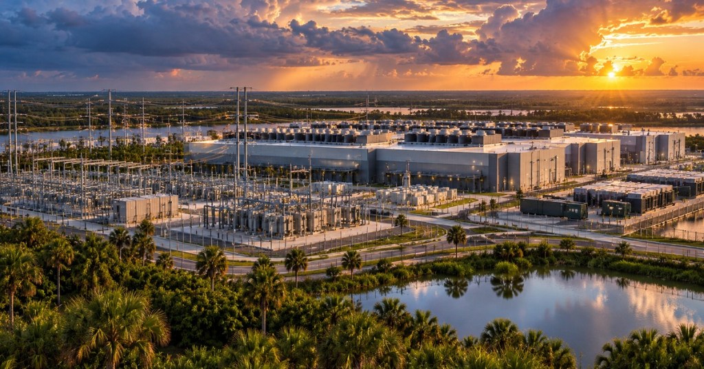 Original realistic editorial illustration of a Florida data-center power campus amid wetlands, substations, cooling infrastructure and transmission lines; illustrative, not an existing facility