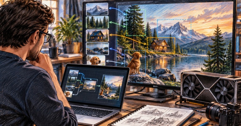 Realistic color-pencil editorial illustration of a local AI image-generation workstation combining multiple visual references into a controlled 4K composition.
