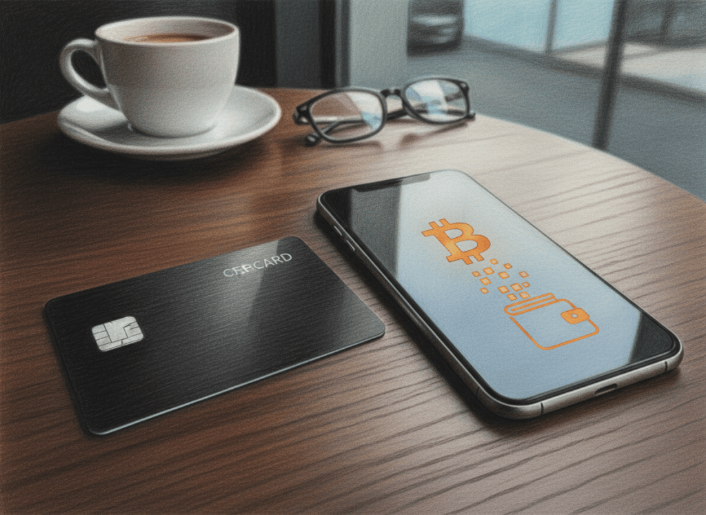 Color-pencil illustration of a credit card purchase earning bitcoin rewards into a mobile wallet