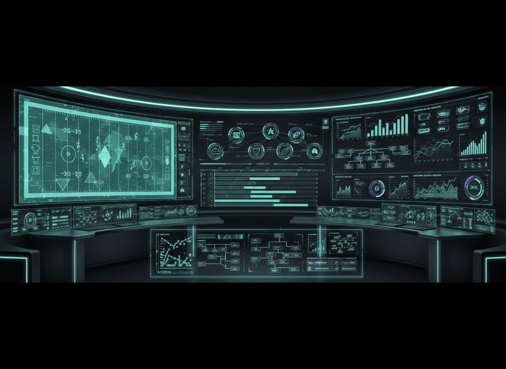 Editorial illustration of a football video game franchise simulation with salary-cap models, CPU roster decisions and on-field gameplay logic.