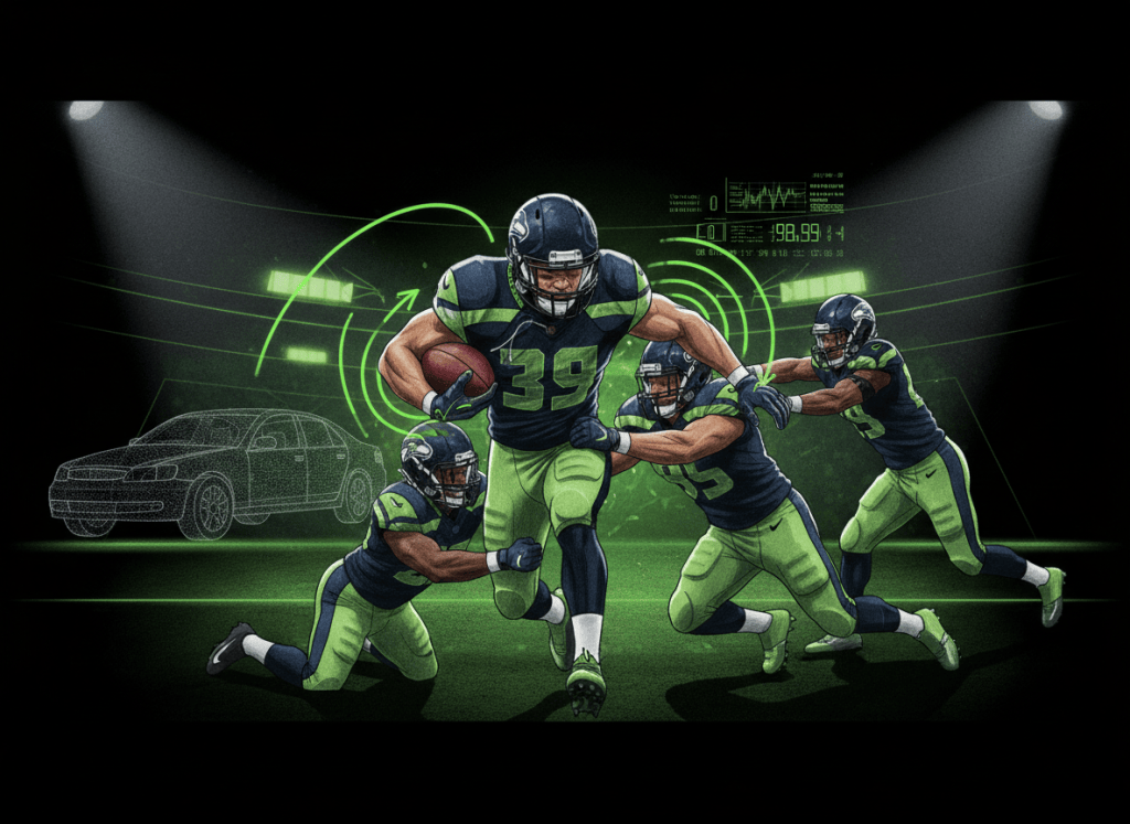 Editorial illustration of a football running back wearing sensor-equipped shoulder pads while impact telemetry measures collisions.