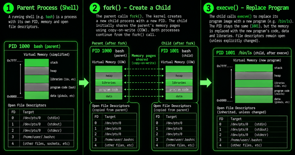 Diagram showing a shell process forking into a child process with copy-on-write memory, then execve replacing the child with a new program while keeping its PID.