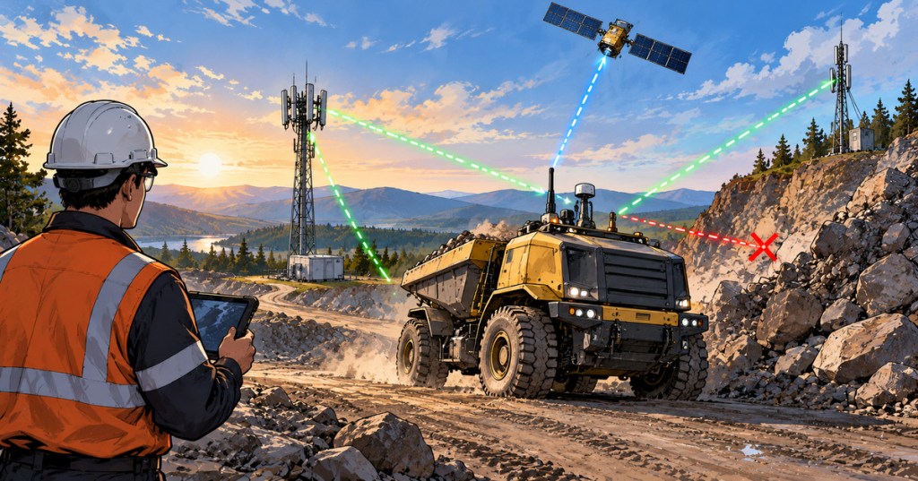 Wordless comic-style illustration of an autonomous haul truck and a technician in a quarry with cellular, satellite and radio communication paths