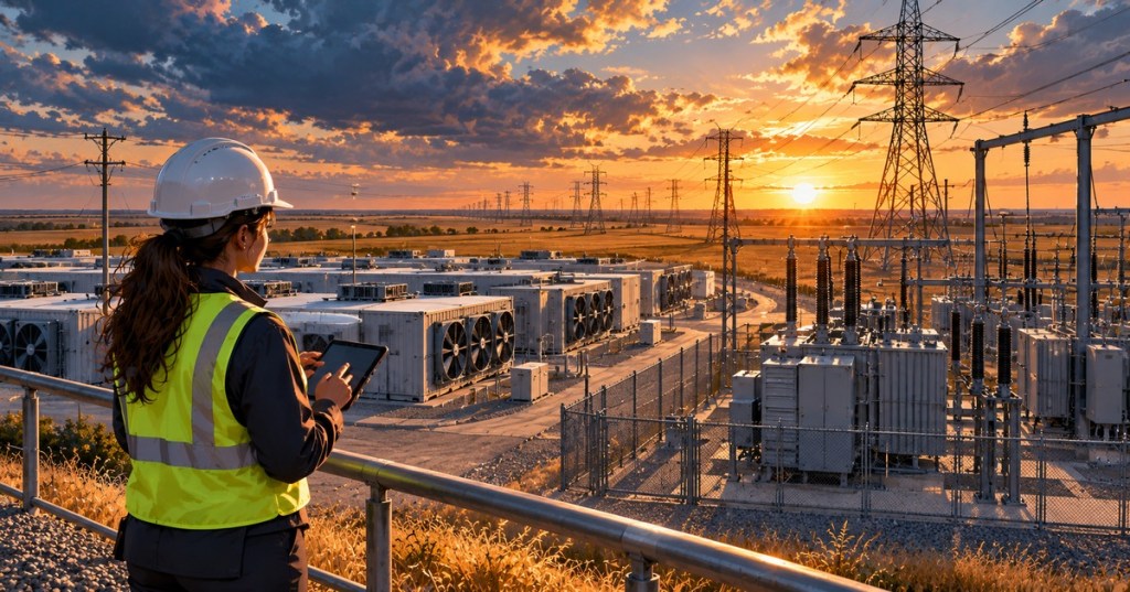 Original illustrated editorial scene of a Nebraska cryptocurrency mining facility and electrical substation, with a technician studying its power infrastructure.