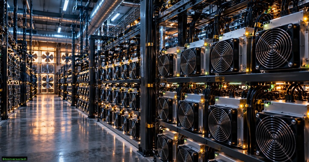 Rows of modern ASIC mining machines inside a large industrial mining facility.