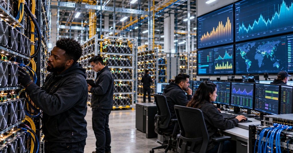 Technicians and operators monitor an industrial Bitcoin mining facility and pool infrastructure during a leadership transition at Foundry.