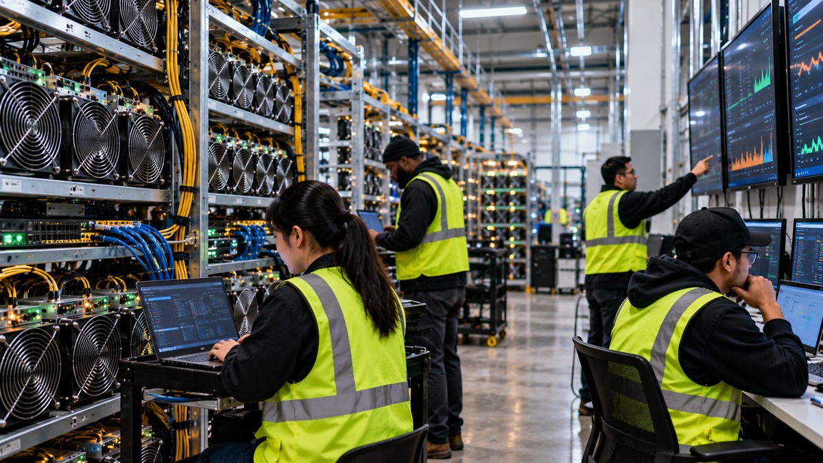 Mining technicians monitor ASIC racks, networking and pool operations inside a Bitcoin mining facility.