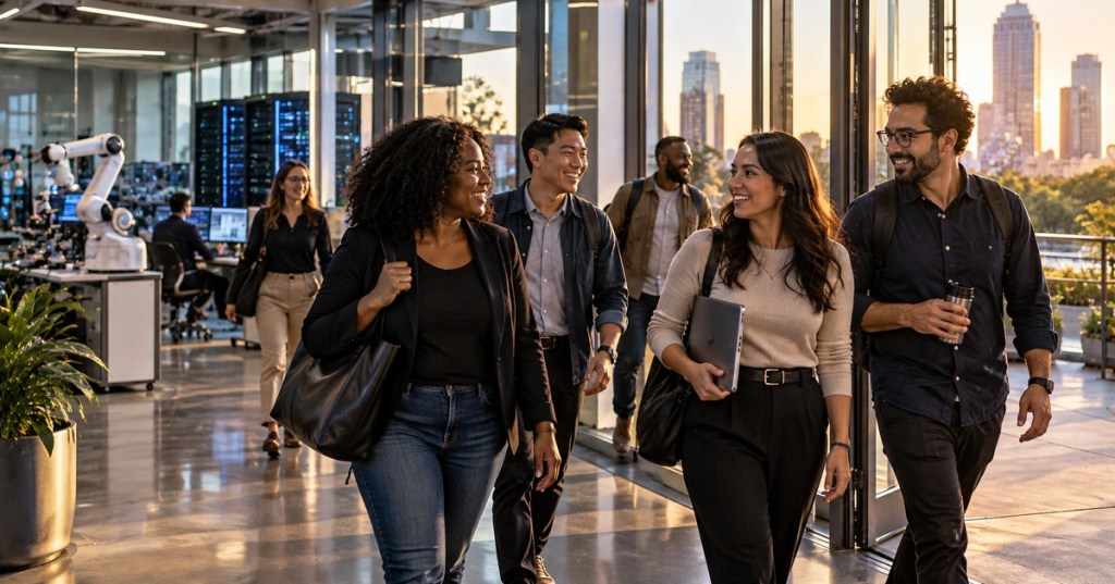 A diverse group of technology workers leaving a modern office together at sunset, representing the debate over a shorter American workweek.