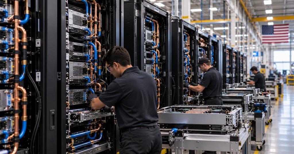 AI server racks under assembly in a modern U.S. data center hardware factory, editorial illustration.