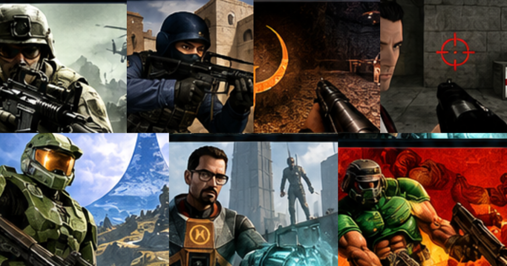 Wordless montage representing seven landmark first-person shooters and the evolution of FPS game engines.