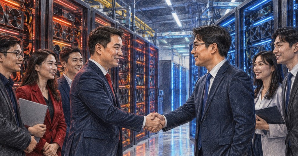Colored-pencil editorial illustration of Asian technology executives shaking hands inside an AI data center