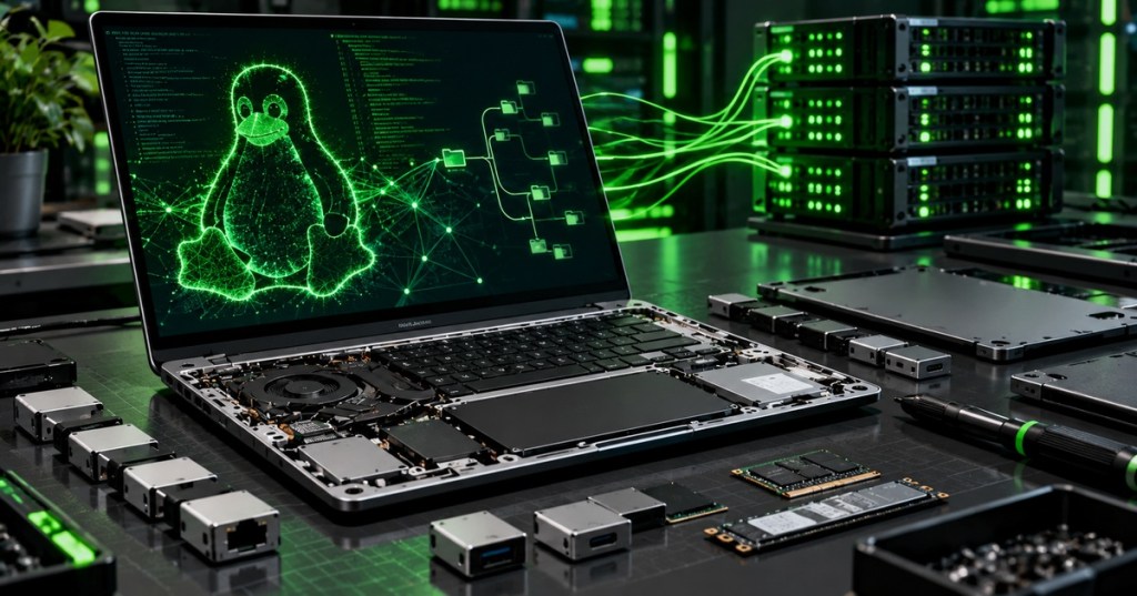 Minimal black and neon-green technical artwork showing a modular Linux laptop connected to open-source build infrastructure and servers.
