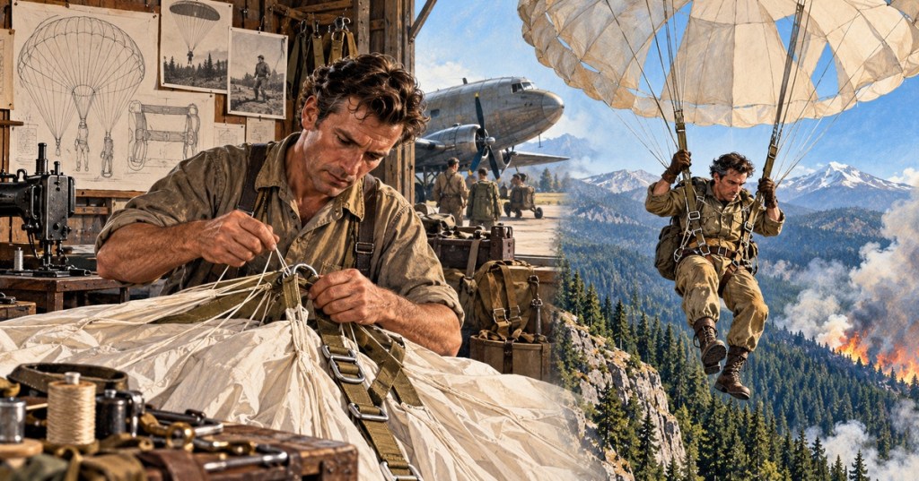 Original editorial illustration of Frank Derry's parachute workshop and early smokejumping career.