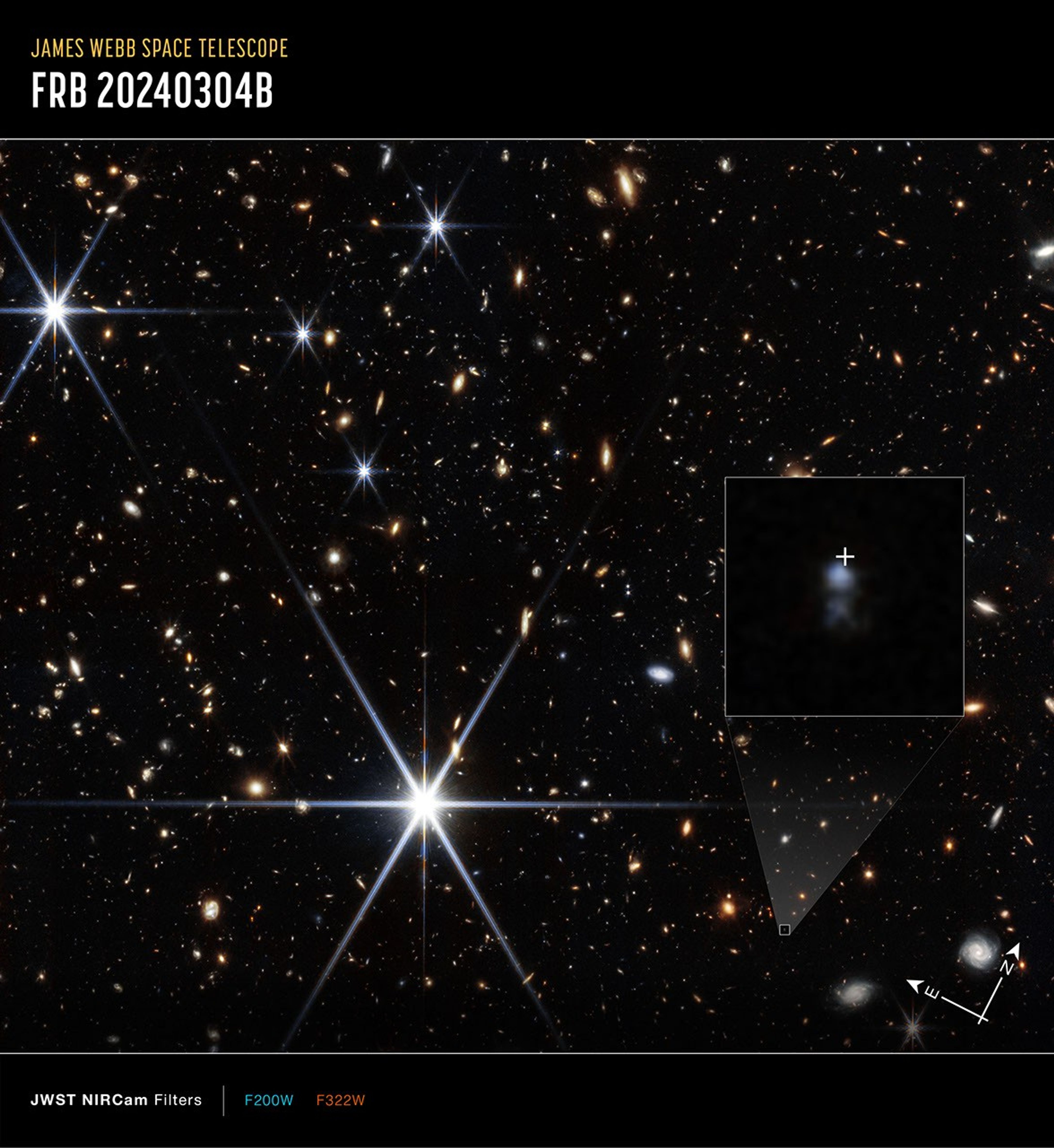 James Webb Space Telescope field showing the host galaxy of fast radio burst FRB 20240304B.