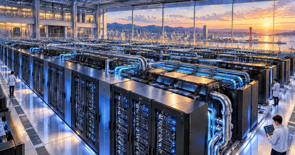 Editorial illustration of a next-generation supercomputing facility representing Japan's FugakuNEXT AI-HPC project.