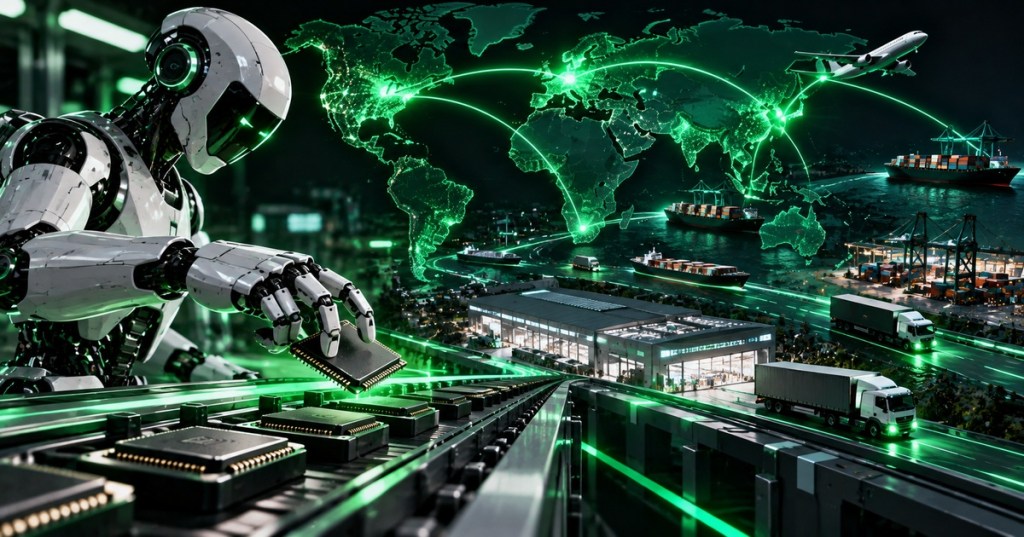 Black and neon-green editorial illustration of global semiconductor manufacturing, chip production and supply-chain infrastructure.