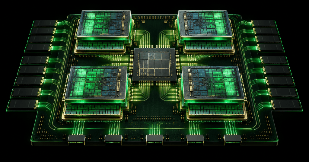 Technical illustration of a multi-chip server CPU package with four stacked compute and cache chiplets around a central I/O die and surrounding memory channels, representing Fujitsu MONAKA.
