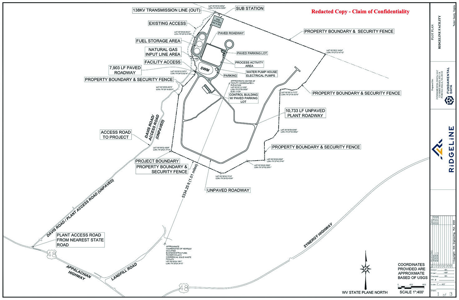 Fundamental Data's redacted Ridgeline site layout showing proposed utility equipment, access roads and security boundaries near Davis and Thomas