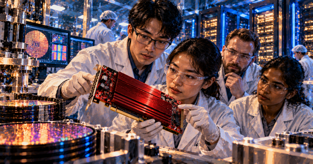 Illustrated engineers examining an AI inference accelerator in a high-tech laboratory