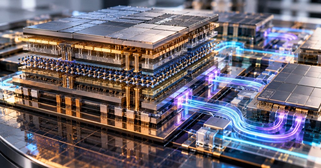 Future semiconductor architecture combining stacked electronic logic with photonic interconnects and atomically thin materials.