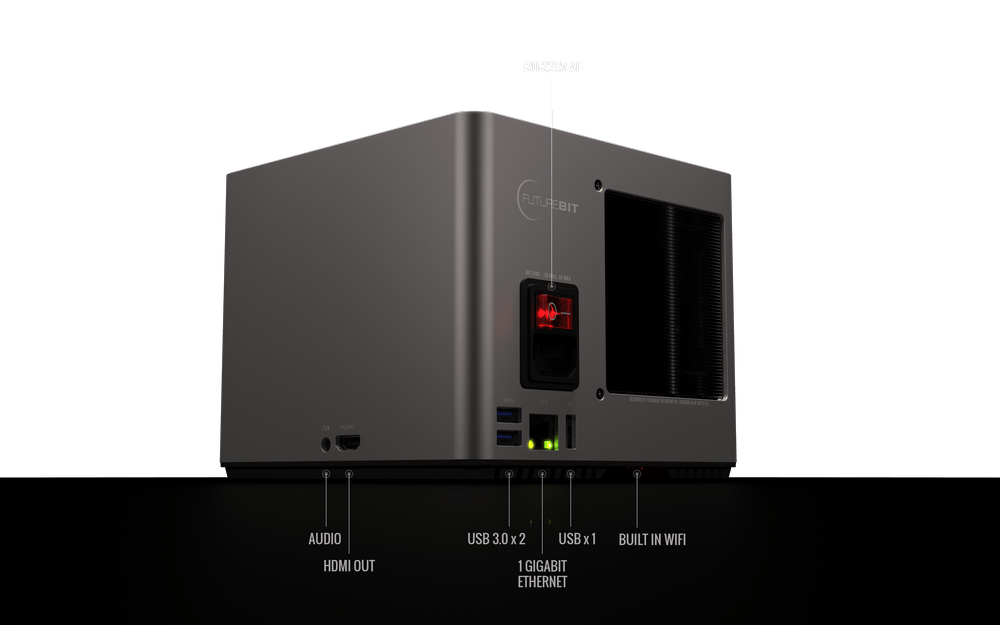 FutureBit Apollo Solo compact Bitcoin mining device showing rear ports and cooling vent