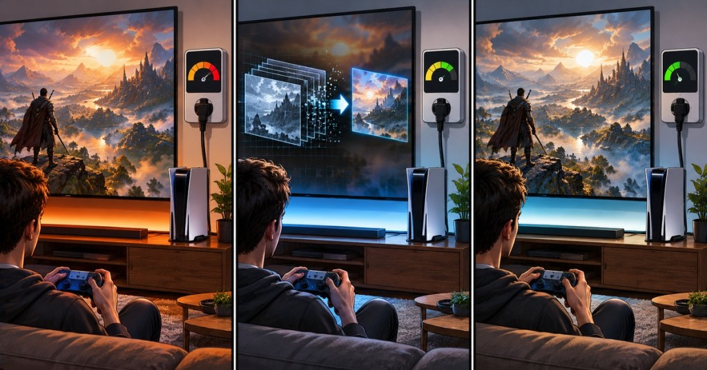 Wordless comic showing a game running with high power use, optimization, then similar visual quality at lower power.