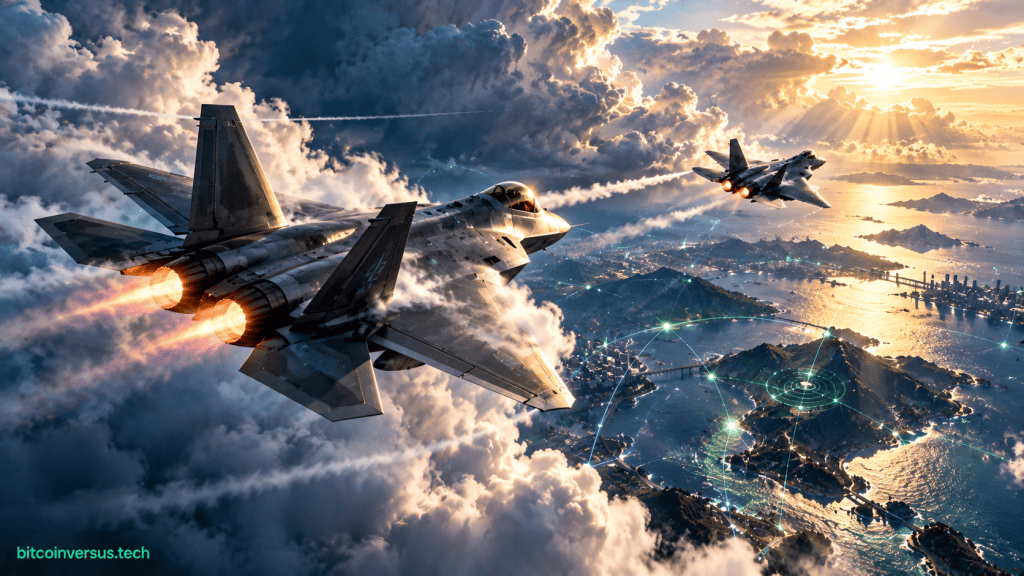 Cinematic illustration of two fighter jets racing above clouds and a coastal landscape with subtle network and radar graphics.