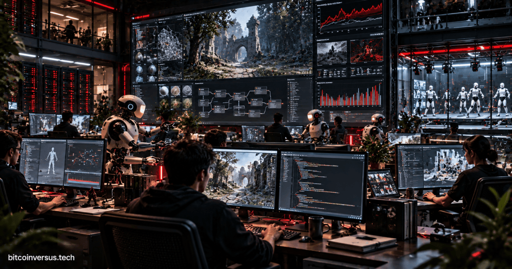 Conceptual game-development studio showing developers, AI-assisted testing, code, game scenes, performance graphs and humanoid test rigs.