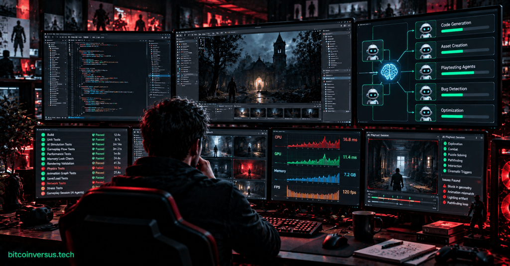 Conceptual game development workstation showing code, automated testing, AI playtesting agents and a horror game scene.
