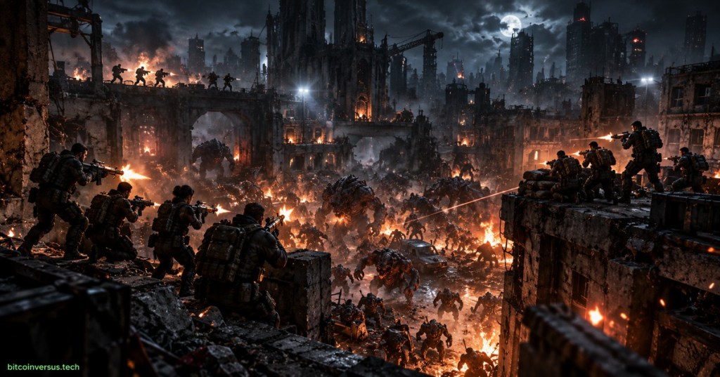 Three squads of armored soldiers defending a ruined city against a large alien horde