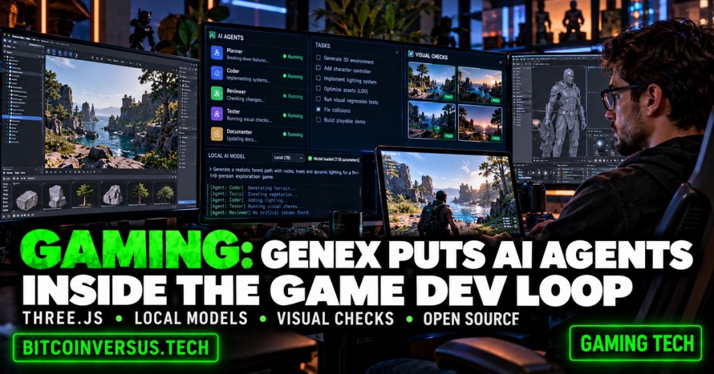 Cinematic game-development studio showing AI coding agents, local-model logs, visual checks, and a playable 3D game build, with BitcoinVersus.Tech in neon green bottom-left and GAMING TECH bottom-right.