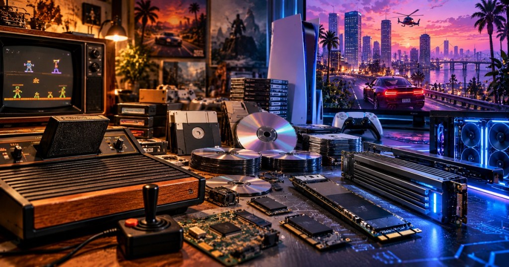 Cinematic photo-anime blend of an Atari-era gaming setup, cartridges and discs transforming into SSDs and a modern neon-lit open-world gaming display